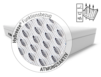 BODYGUARD® Boxspring Matratze: Zoom auf Matratzenbezug. Text: HyBreeze® Funktionsbezug/atmungsaktiv. Illustration: Pfeile dringen durch die Poren eines Stoffstücks	
