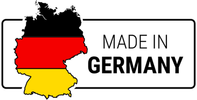 Die Umrisse einer Deutschlandkarte. Text: Made in Germany.