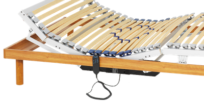An electrically adjustable slatted frame 90x190 with cable and remote control inside a simple wooden bed frame. The head and foot sections are raised.