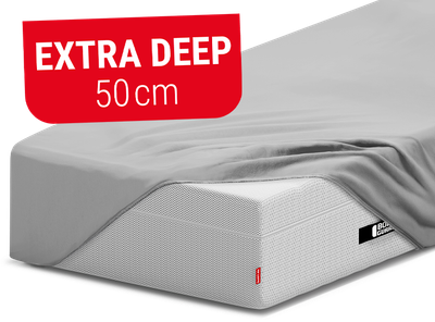 The BODYGUARD Box Spring Mattress is covered with the BODYGUARD Fitted Sheet extra deep, leaving one corner uncovered. Red box with text: extra deep 50 cm.