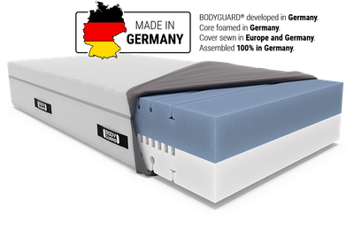 BODYGUARD® Boxspring Mattress: Map of Germany: Made in Germany: BODYGUARD® developed in Germany. Core foamed in Germany. Cover sewn in Europe and Germany. Manufactured 100% in Germany	