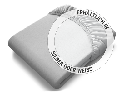 Das zusammengelegte BODYGUARD® Jersey-Spannbettlaken in Silber: Zoom auf das Laken in der weißen Farbvariante; Text Erhältlich in Silber oder Weiß