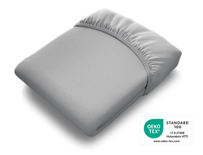  The BODYGUARD® children's fitted sheet in silver folded. The Oeko-Tex® Standard 100 seal	