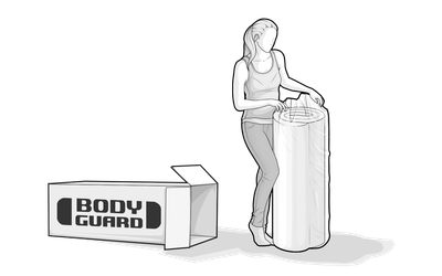 Illustration: A person with a rolled mattress, next to a BODYGUARD box