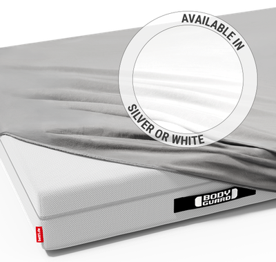 A BODYGUARD mattress, half-covered with the BODYGUARD jersey fitted sheet in silver and white