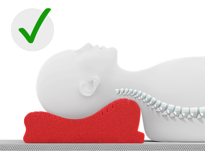 A stylized person is lying on their back on the neck support pillow. The head is positioned so that the high side of the pillow rests against the neck – the spine shown remains naturally curved. Next to it is a green check mark.