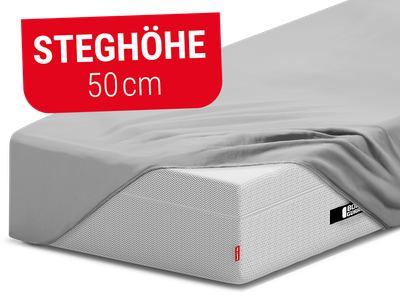 Die BODYGUARD Boxspring Matratze ist bis auf eine Ecke bezogen mit dem BODYGUARD Spannbettlaken extra hoch. Rotes Feld mit Text: Steghöhe 50 cm.