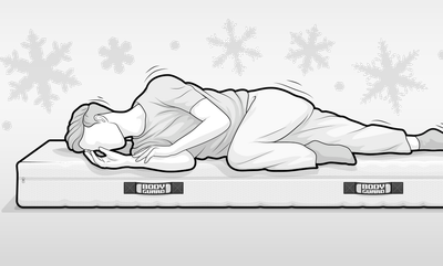 Illustration: A person lies shivering on a cold foam mattress. Snowflakes are hinted at in the background.
