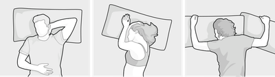 Three-part illustration: on the left, a person lying on their back; in the center, a person lying on their side; on the right, a person lying on their stomach. All three are resting on a Comfort pillow 40 × 80 cm.