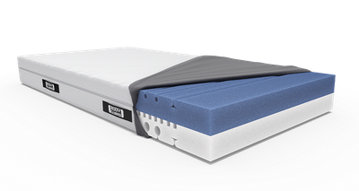 The BODYGUARD mattress with the cover partially opened and turned back, revealing the two-tone mattress core showing the firmness levels ‘medium-firm’ and ‘firmer’.