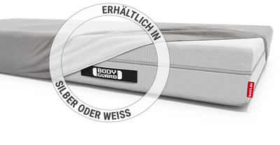 Die BODYGUARD Anti-Kartell-Matratze, halb bezogen mit einem BODYGUARD Jersey-Spannbettlaken. Icon mit Text: Erhältlich in Silber oder Weiß