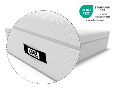 BODYGUARD® Boxspring Matratze: Zoom auf Griff. Oeko-Tex® Siegel. 	