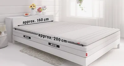 A 160x200 cm mattress lies on a bed. The dimensions are shown on each side.