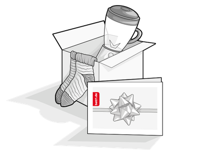 Illustration: Vor einem Karton, aus dem Socken und ein Mixer schauen, steht der bett1.de Geschenkgutschein.	