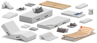 Die bett1.de Produkte, darunter Kindermatratze, Topper, Lattenrost und verschiedene Kissen.