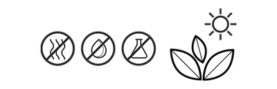 Illustration: Arranged side by side are stylized symbols: a plant under a sun. Next to it, crossed out: an alder meyer's flask, a drop of water, three wavy lines.