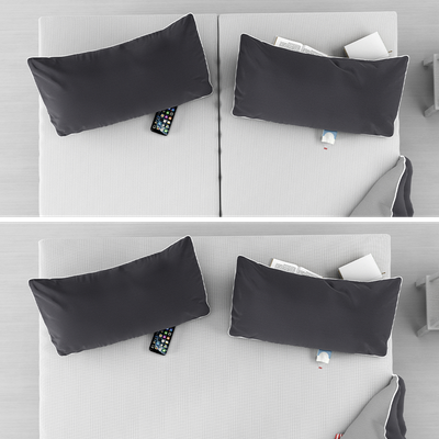 Zweigeteiltes Foto: Oben Draufsicht eines Doppelbetts mit zwei Matratzen 90x220 cm, unten eines Doppelbetts mit einer durchgehenden Matratze 180x220 cm. Die Betten sind mit je zwei Kissen ausgestattet