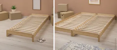 Two-part picture: On the left, the BODYGUARD slatted frame 90x200 in a single bed. On the right, two BODYGUARD slatted frames 90x200 next to each other in a double bed.