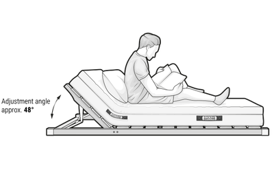 A person reading sits on a mattress resting on the BODYGUARD® slatted frame with raised head section. Text: Adjustment angle up to approx. 48°
