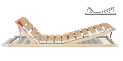 The BODYGUARD® slatted frame with raised head and foot sections: next to it an illustration of the slatted frame from the side - head and foot sections are raised